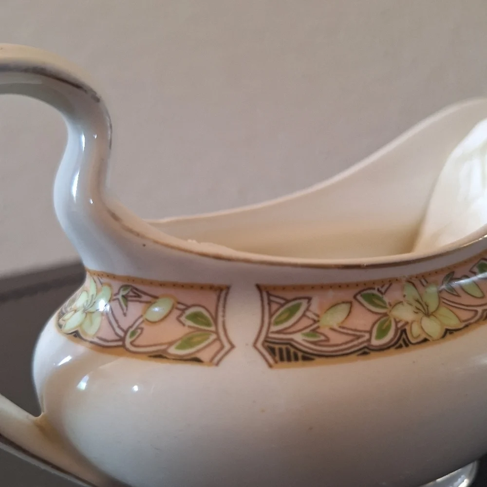 Vintage Johnson Bros England Floral Gravy Boat Pink Green Gold Trim Antique